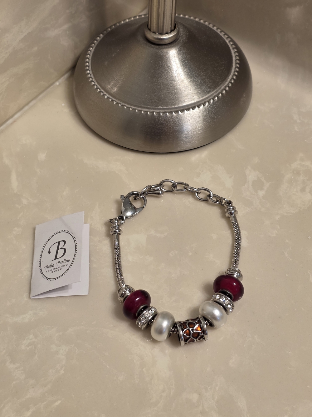 Bella Perlina Silver Bracelet with Red Glass & Pearl Beads